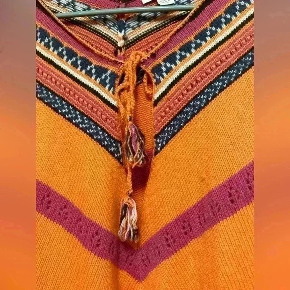 Boston Proper Lambswool Nylon  Knit Aztec Tribal Poncho M-L Orange Boho 264 - Picture 2 of 10